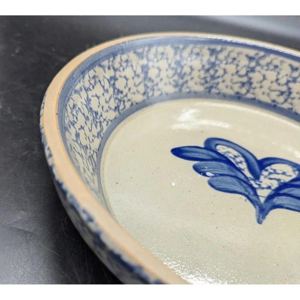 Salt Glazed Pottery Heart Plate Spongeware‎ Cobalt Blue 9.75